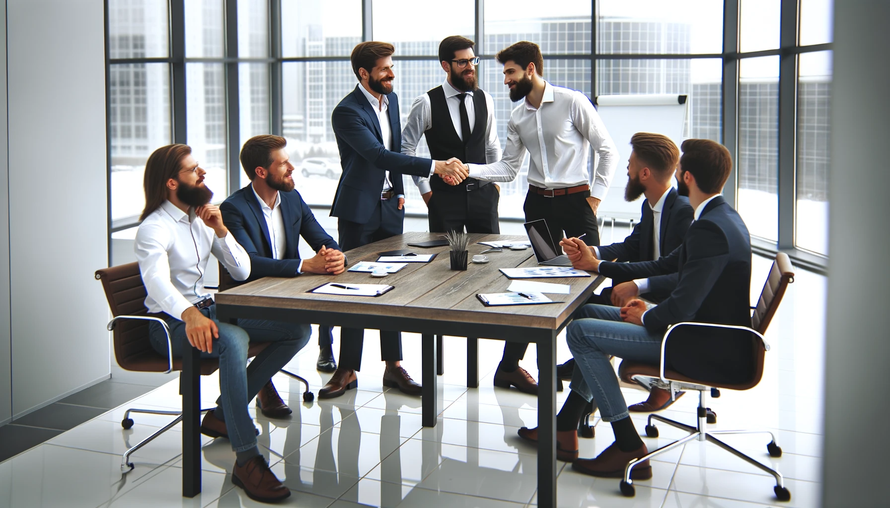 businessmen shaking hands during a team meeting in a modern office