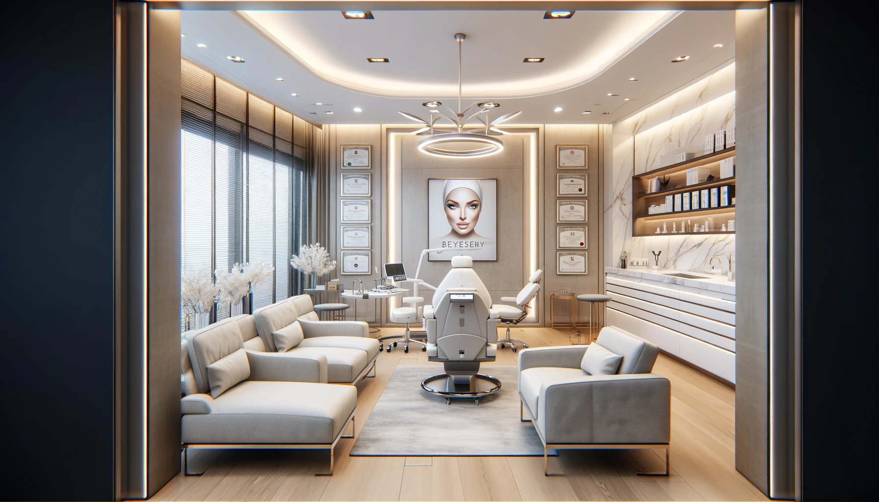 a consultation room in a Turkish plastic surgery clinic, designed with modern and elegant interiors.