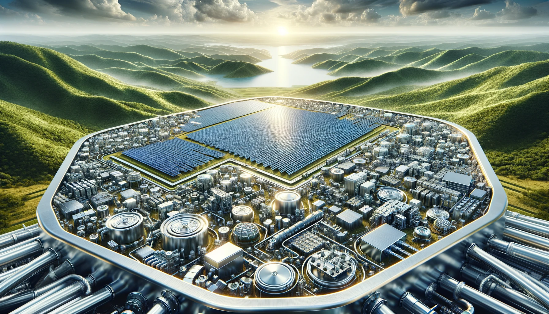 the transformative impact of renewable energy on metal markets, with a focus on an expansive solar farm sprawling across a hilly terrain.