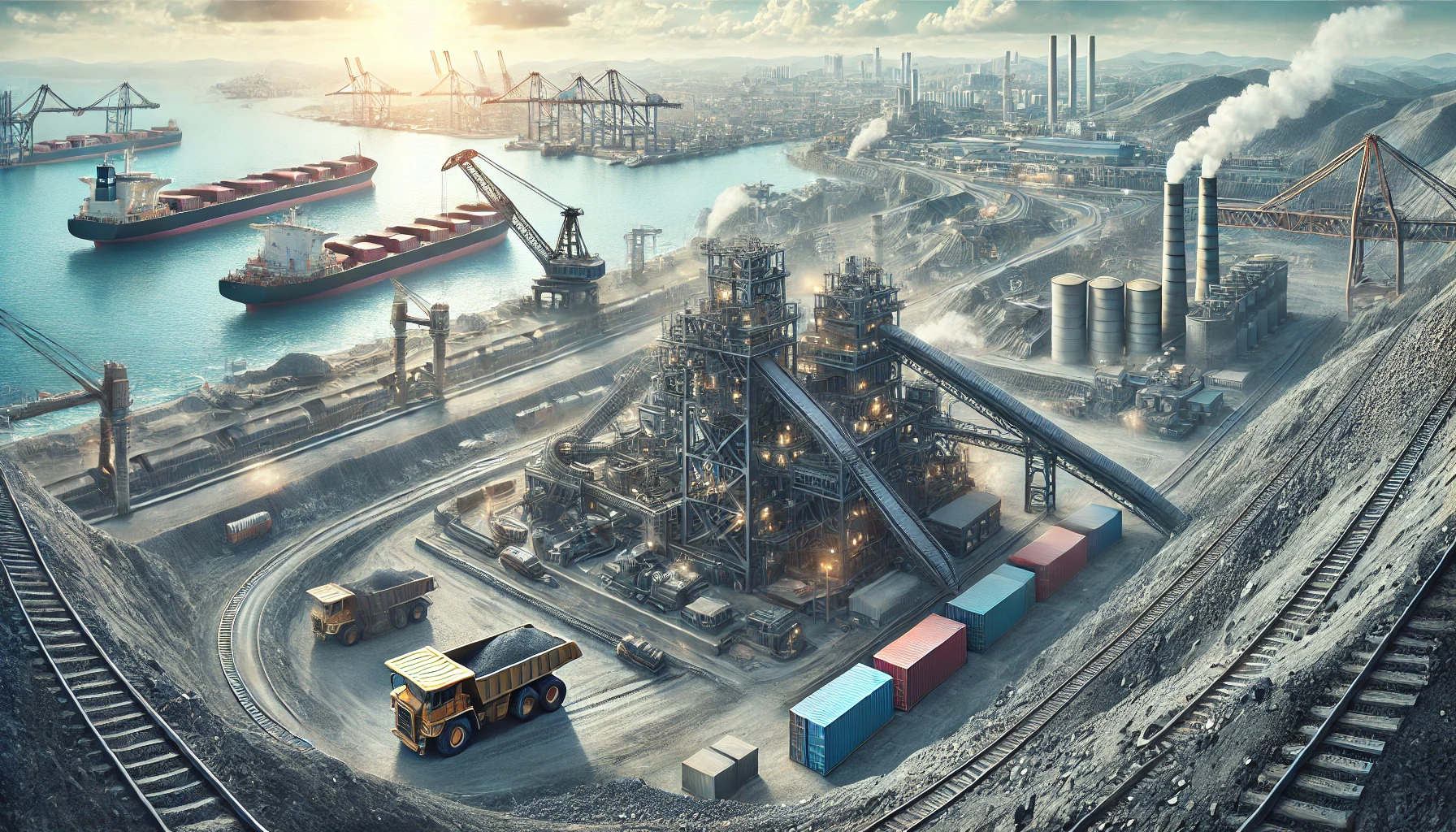 The metal manufacturing, featuring an open-pit mine, an industrial processing plant with smokestacks, and a shipping port with cargo ships, all set against a city skyline with factories and warehouses under a bright sky.