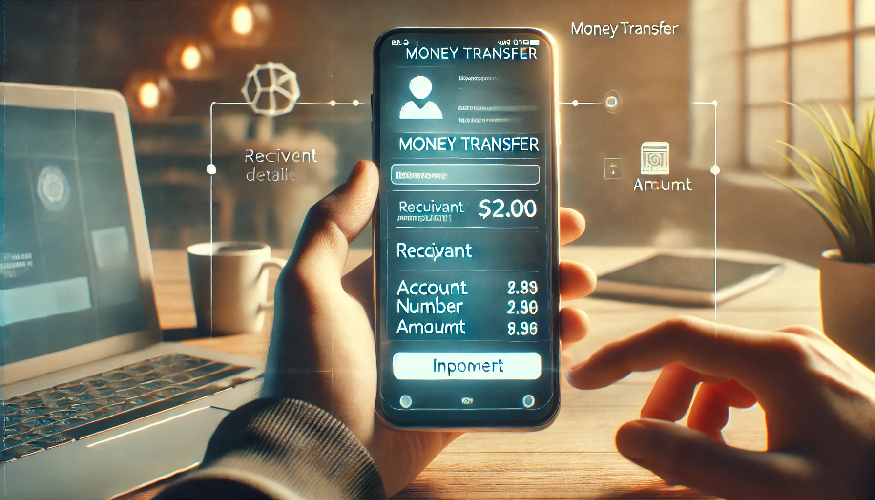 a person using a mobile app to initiate a money transfer. The scene should depict the user inputting recipient details like account number and amount on the app.