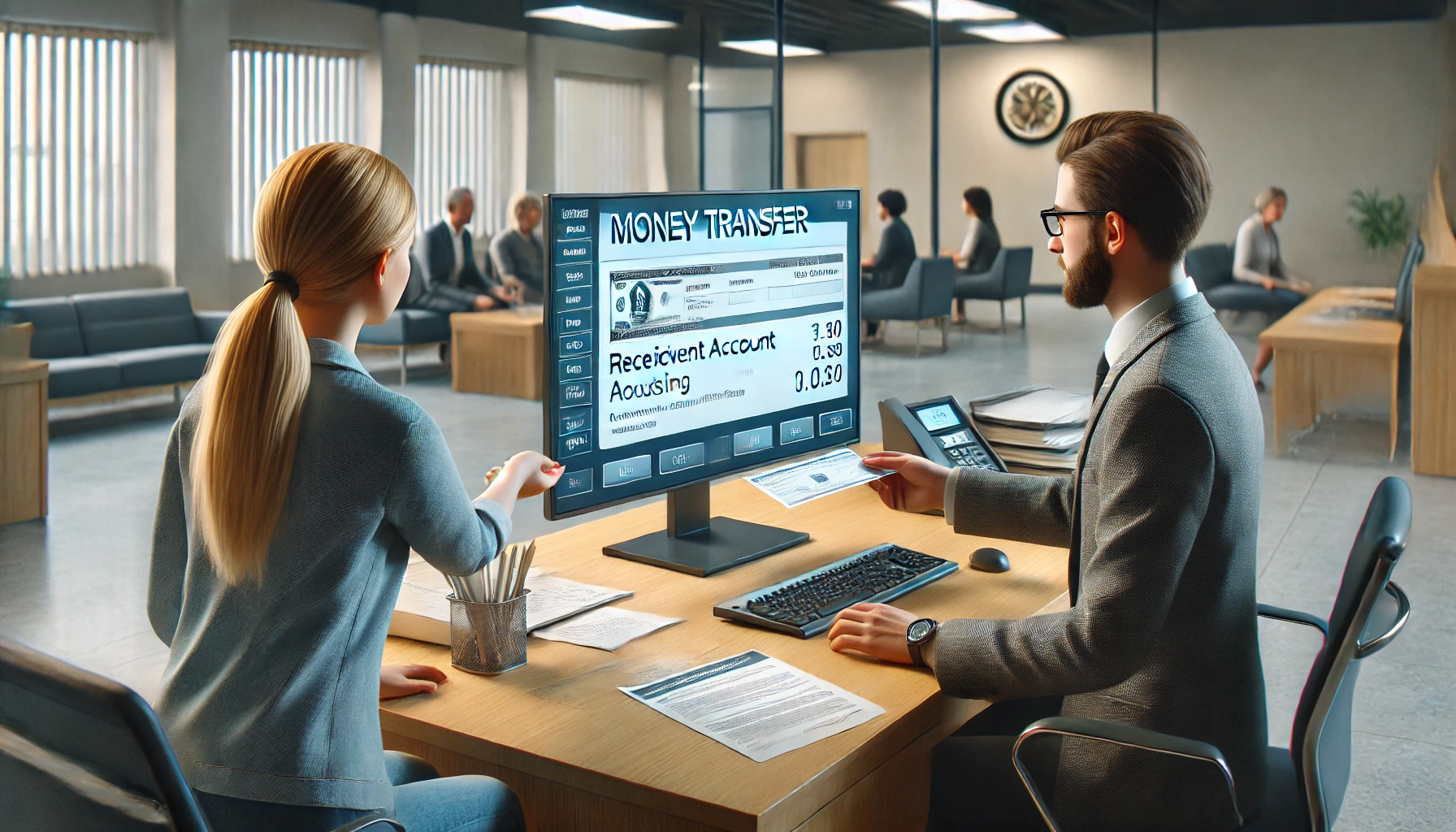A bank representative at a desk assisting a customer with a money transfer. The scene captures the bank representative's computer screen showing the money transfer interface, with details like recipient account and routing numbers.