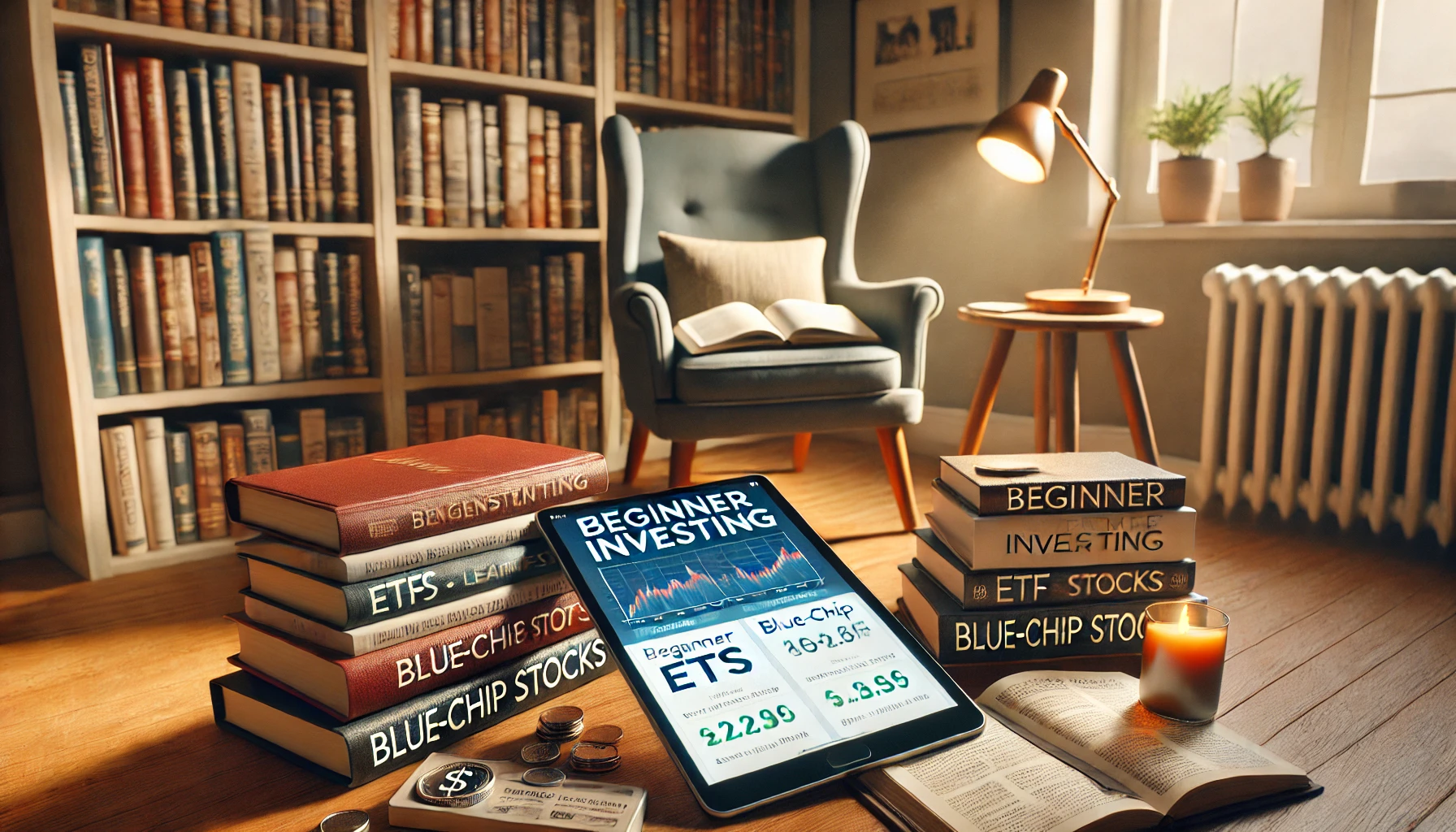 An educational setting focused on beginner investing. The scene features a cozy reading nook with a stack of finance books, a digital tablet opened to an investment learning app, and notes on ETFs and blue-chip stocks.