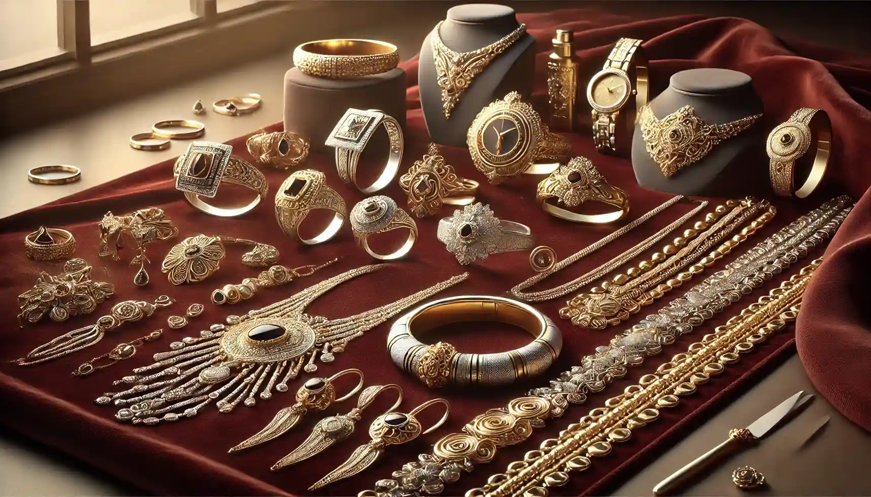 Elegant gold and silver jewelry for investing in arranged on a rich velvet backdrop.