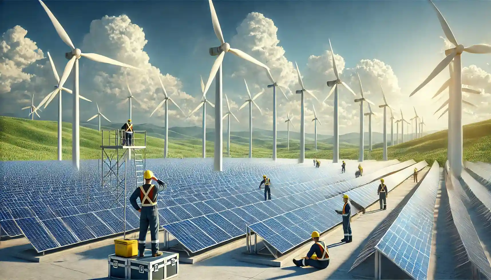 a large-scale renewable energy site featuring wind turbines and solar panels, symbolizing the demand for metals in clean energy projects.