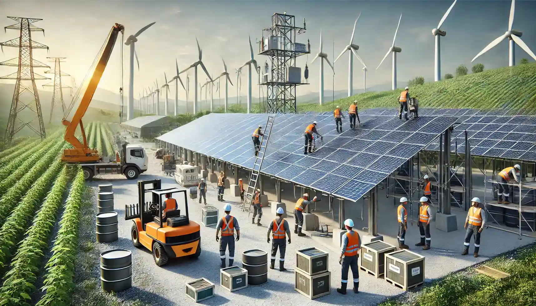 a renewable energy site under development, featuring solar panels being installed and wind turbines in the background.