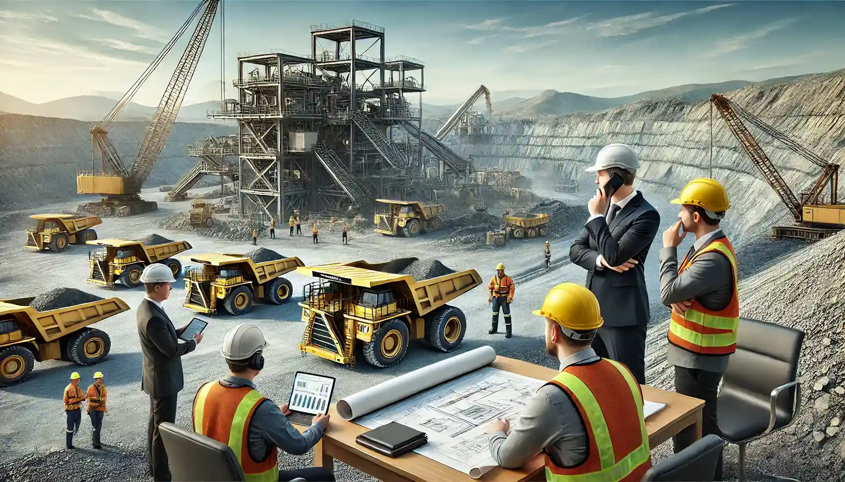a modern mining operation with resource company executives and engineers on-site discussing project expansion.