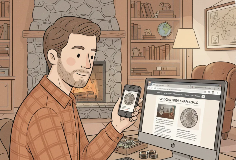 man reads info on the coin in the phone