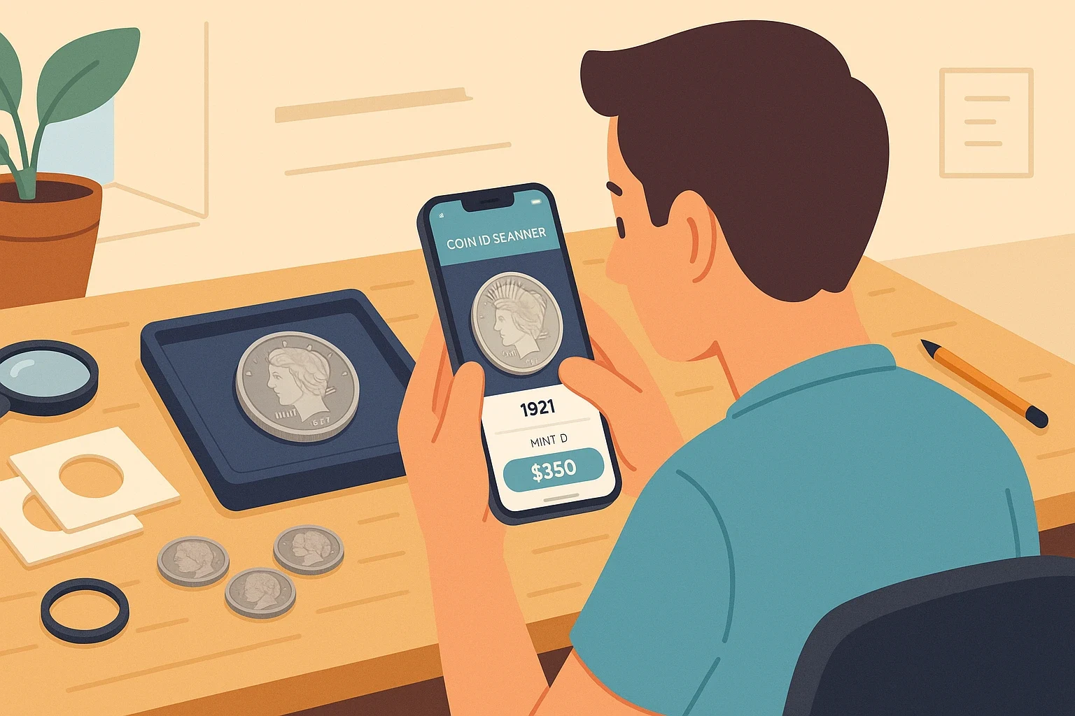 A student examines the 1921 silver dollar via Coin ID Scanner.