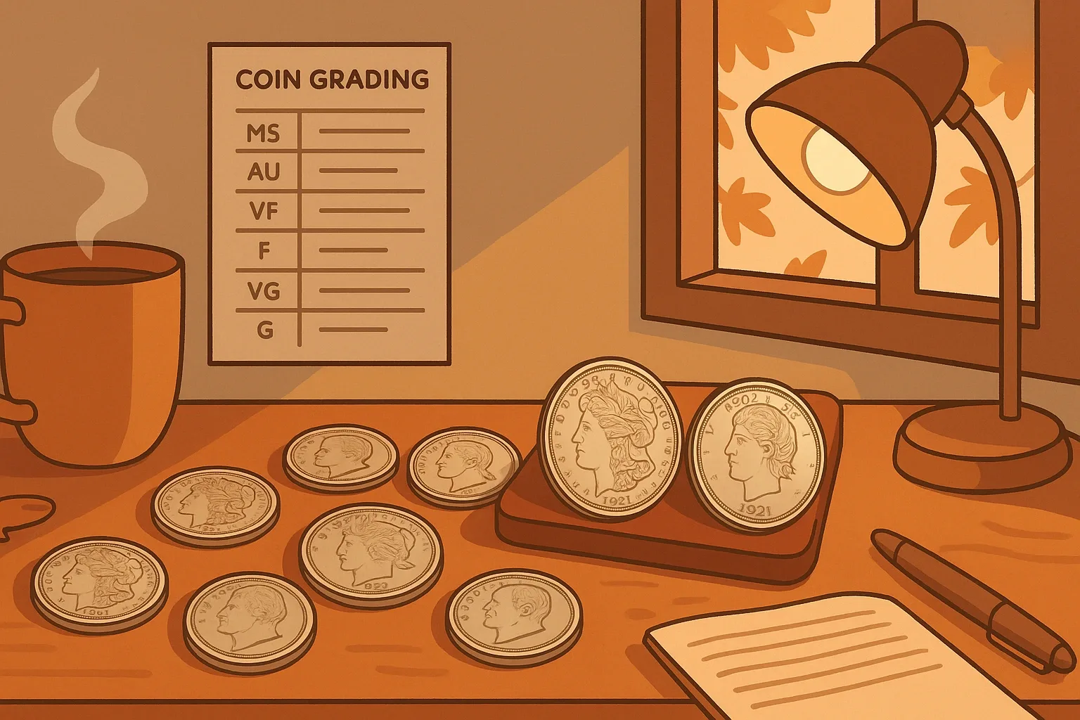An autumn still life with 1921 silver dollars, grading tables, and a mug on a study desk.